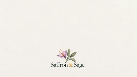 The back of a Saffron & Sage card, with the botanical logo