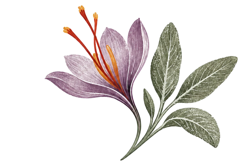 Illustrated saffron crocus and sage leaves